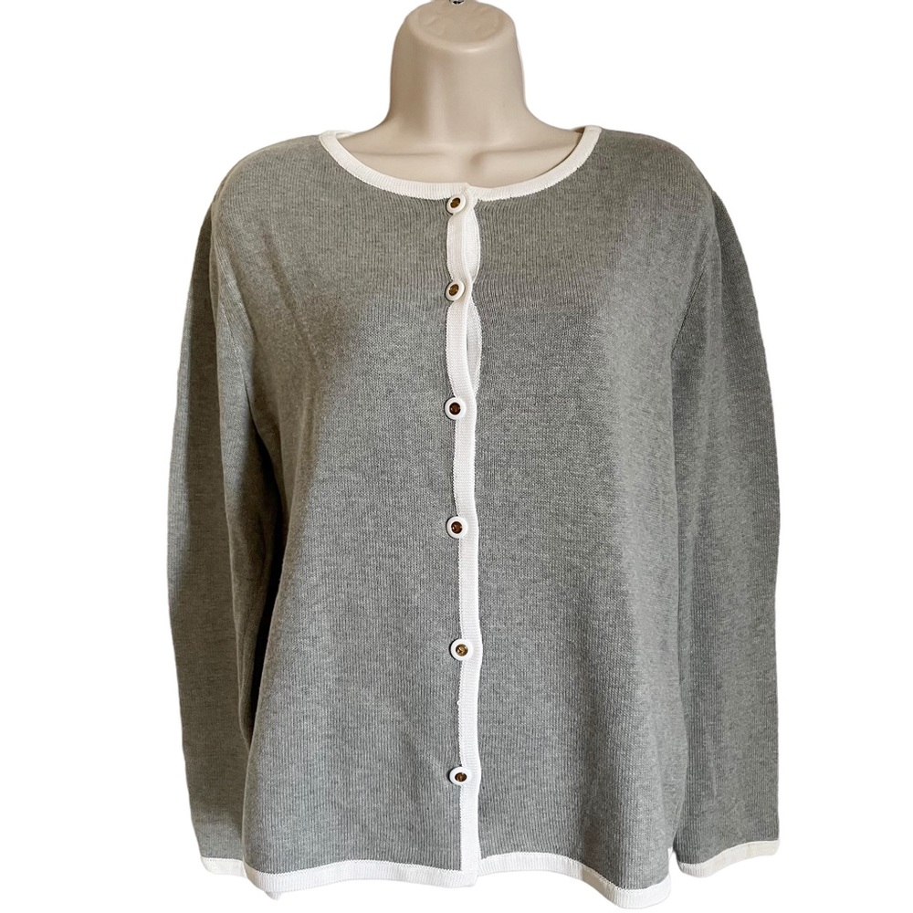 St. John Sport Womens Gray Button Down White Trim Sweater Cardigan sz L